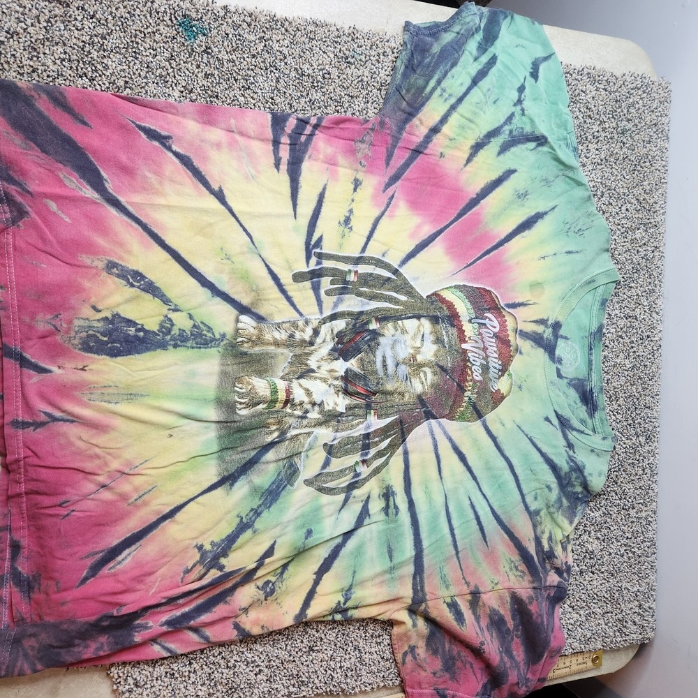 DOM Xl Shirt cat graphic Rasta Tye‎ Dye Hippie 70's